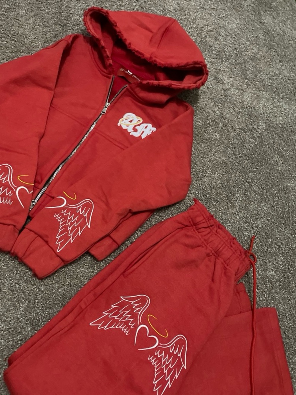 Red Hoodie & Jogger Set with Wing Heart Graphic